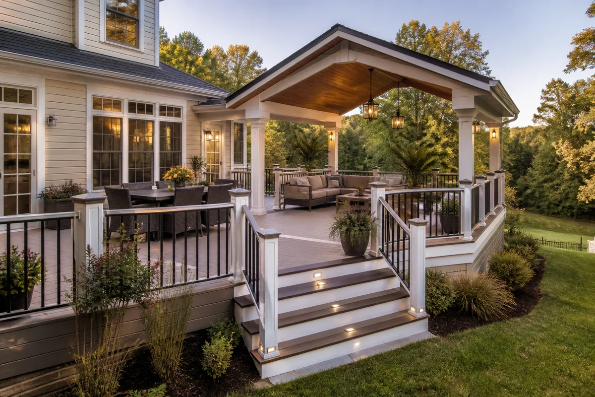 Composite deck with open-air pavilion