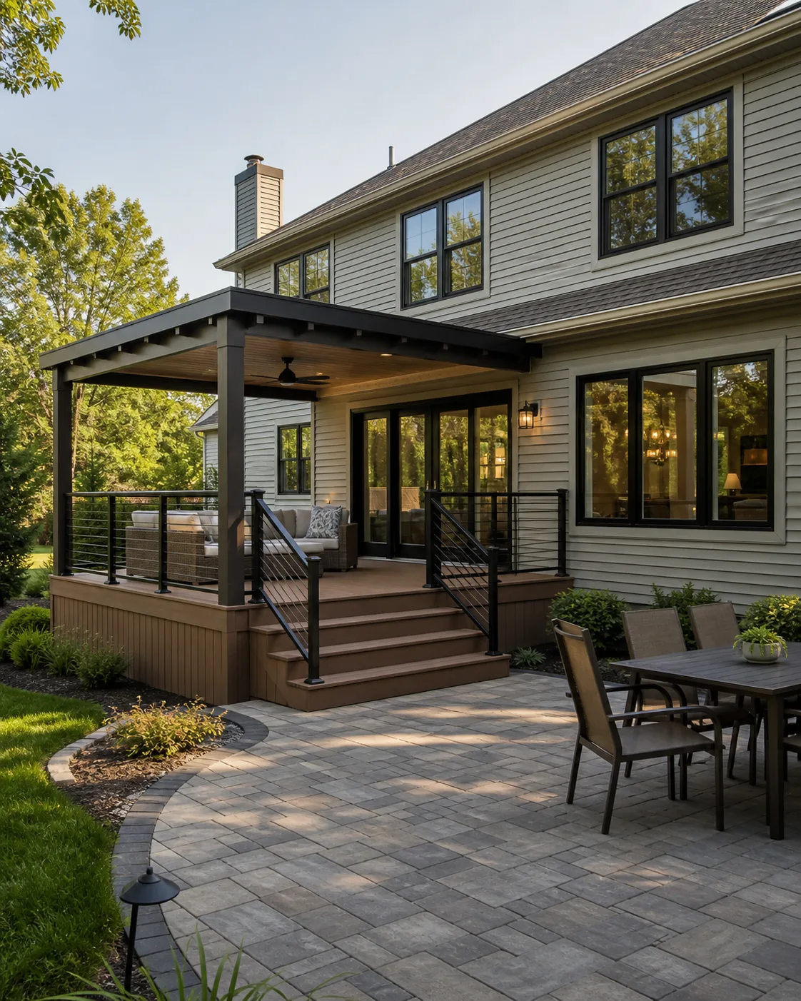 Thoughtfully planned outdoor living space with a deck, pavilion, and paver patio