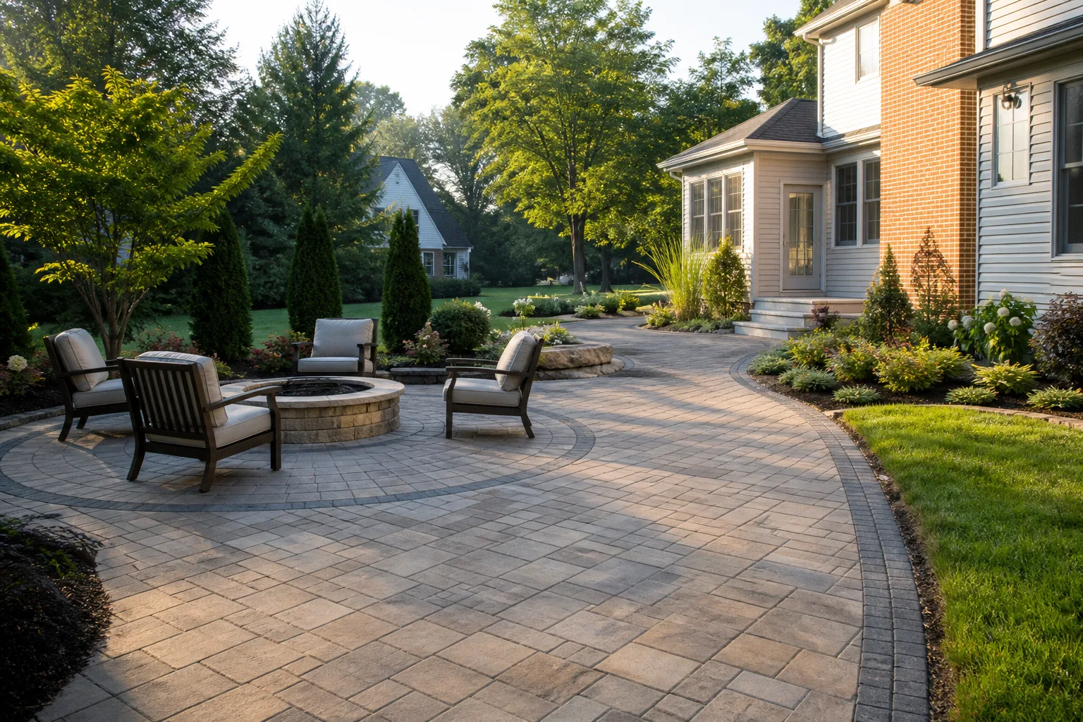 Detailed paver patio with integrated landscaping